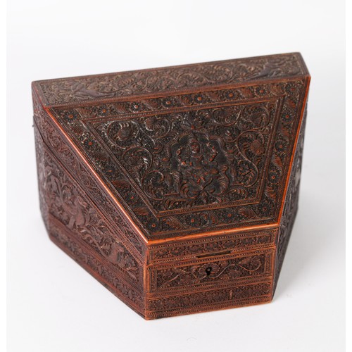 391 - LATE 19th CENTURY INTRICATELY CARVED ANGLO INDIAN SANDALWOOD DESK TIDY, with images in bas relief of... 