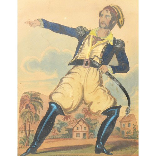 163 - 19th CENTURY CUT PAPER AND WATERCOLOUR COLLAGE OF AN ACTOR OF THE DAY, PLAYING A PIRATE, in a contem... 