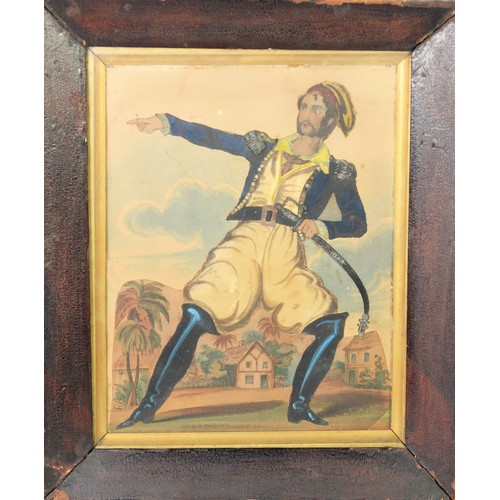 163 - 19th CENTURY CUT PAPER AND WATERCOLOUR COLLAGE OF AN ACTOR OF THE DAY, PLAYING A PIRATE, in a contem... 