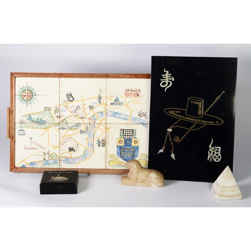 407 - OAK FRAMED OBLONG TRAY WITH SIX CERAMIC TILES forming a hand-painted simplistic street map of the Ci... 