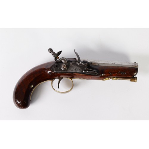 79 - EARLY 19th CENTURY LARGE BORE FLINTLOCK SIDELOCK TRAVELLING PISTOL by W. Parker, London, having octa... 