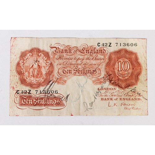 169 - RED TEN SHILLING NOTE signed O'Brien Chief Cashier, circa 1955, bearing autographs of famous cricket... 