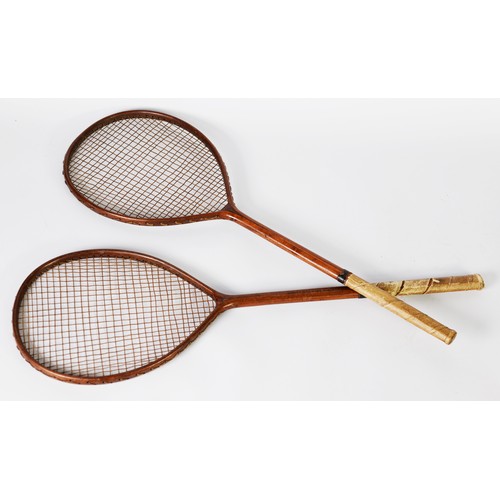 430 - PAIR OF SLAZENGER, LONDON PRE-WAR HARDWOOD BADMINTON RAQUETS, with gut stringing also stamped with r... 