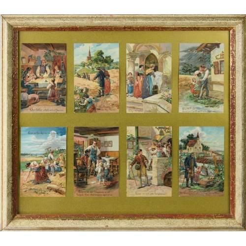 440 - FRAMED SET OF EIGHT EARLY TWENTIETH CENTURY CHROMOLITHOGRAPHED 'LORDS PRAYER' POSTCARDS, ALSO a fram... 