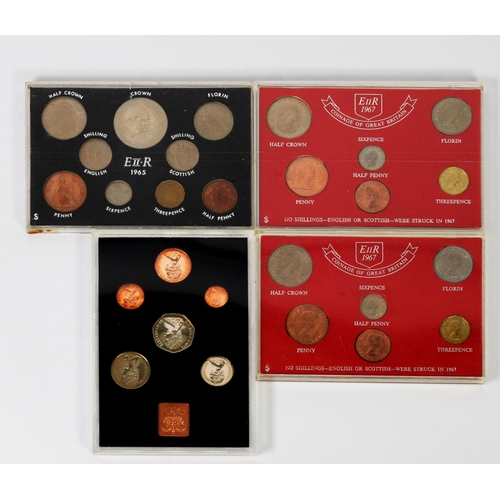 24 - THREE PLASTIC CASED SETS OF 1965 and 1967 PRE-DECIMAL COIN SETS, ALSO A PLASTIC CASED PROOF SET OF F... 