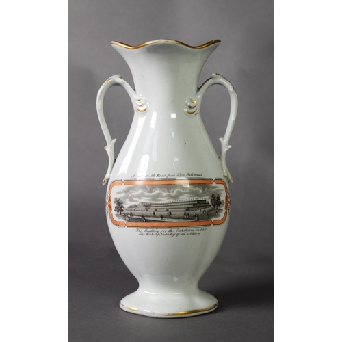 176 - GREEN, LONDON MID 19th CENTURY POTTERY TWO HANDLED COMMEMORATIVE VASE - Exhibition of the Works of I... 