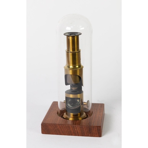 359 - SMALL CULPEPER TYPE MONOCULAR LACQUERED BRASS MICROSCOPE, 6in (15.3cm) high, now on a stained wood s... 