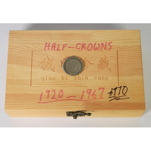 34 - Wooden box containing Half-Crowns, 1920 – 1970 (incl 27 pre '47 examples)