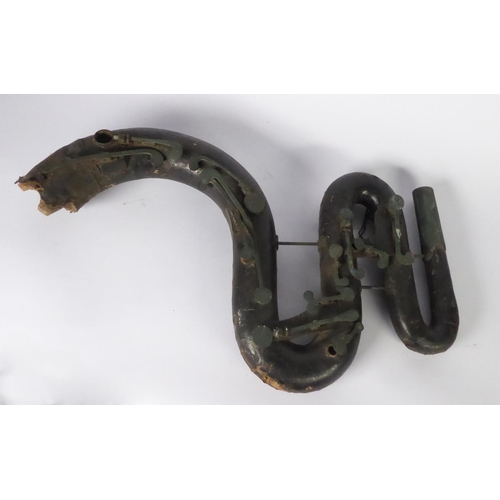 276 - AGED BRASS ALTO? SAXOPHONE, a/f, the base badly dented and with soldered repair, 25” (63.5cm) long, ... 