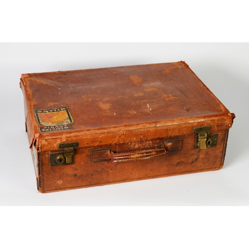 459 - CIRCA 1930s SMALL BROWN LEATHER SUITCASE applied with Cunard Line oval label for travel to Europe an... 