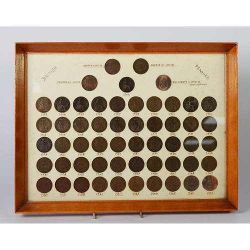 48 - FRAMED SELECTION OF FIFTY TWO ONE PENNY COINS, FROM EDWARD VII 1902-1967, lacking 18 coins to comple... 