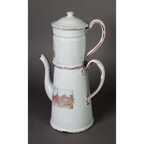 185 - FRENCH, LATE 19th CENTURY TWO-PART WHITE ENAMEL COFFEE POT with three printed vignettes showing view... 