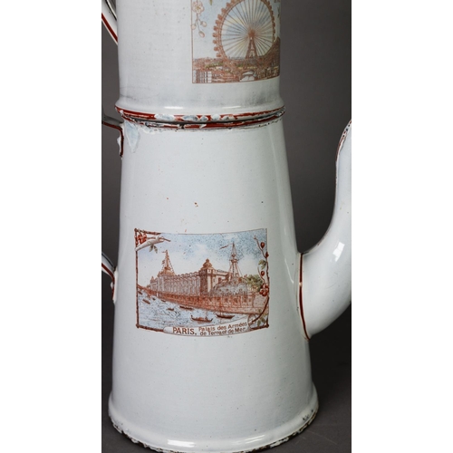 185 - FRENCH, LATE 19th CENTURY TWO-PART WHITE ENAMEL COFFEE POT with three printed vignettes showing view... 