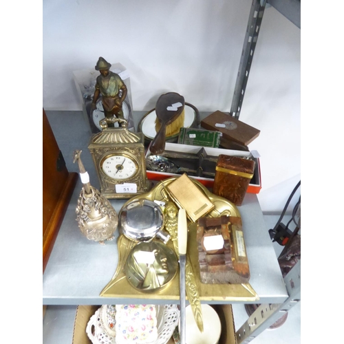 51 - BRASS 'CORAL' BATTERY OPERATED MANTEL CLOCK, DOUBLE BELL ALARM CLOCK, ELECTROPLATE BERRY SPOONS IN B... 