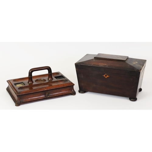 72 - VICTORIAN MAHOGANY TEA CADDY, of sarcophagus form with twin lidded compartments, glass bowl holder a... 