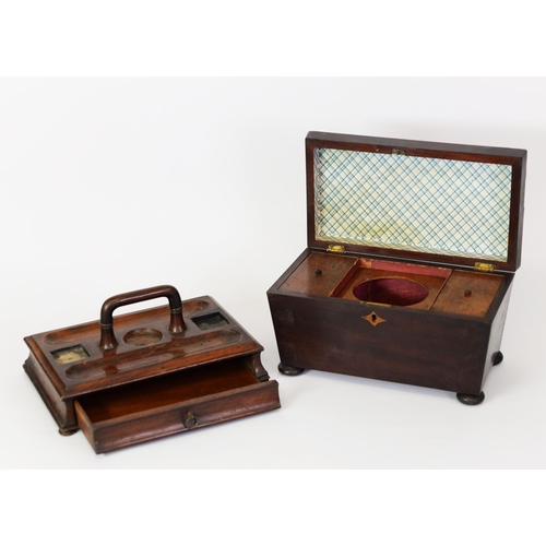 72 - VICTORIAN MAHOGANY TEA CADDY, of sarcophagus form with twin lidded compartments, glass bowl holder a... 