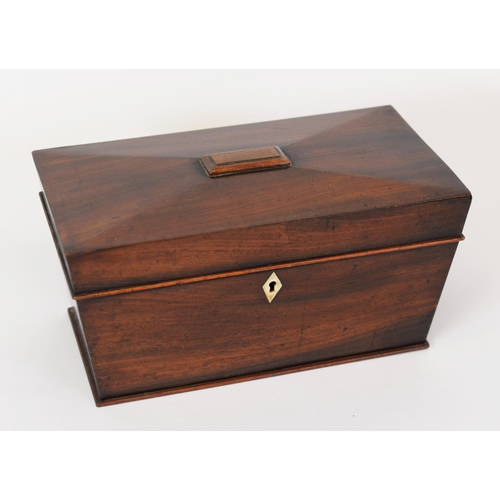 75 - EARLY NINETEENTH CENTURY MAHOGANY TEA CADDY, of sarcophagus form with twin lidded compartments to th... 