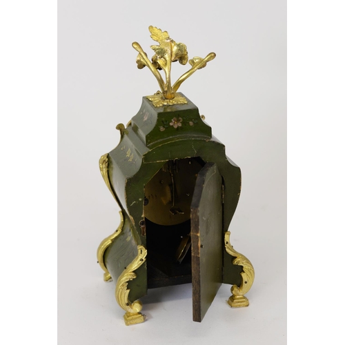 39 - NINETEENTH CENTURY FRENCH PAINTED AND GILT METAL MOUNTED MANTLE CLOCK, the 3” dial powered by a drum... 