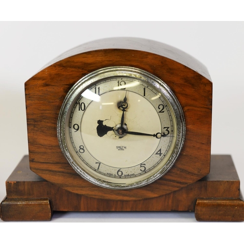 34 - EDWARDIAN LINE INLAID MAHOGANY MANTLE CLOCK, the 3 ½” Arabic dial, powered by a French drum shaped m... 