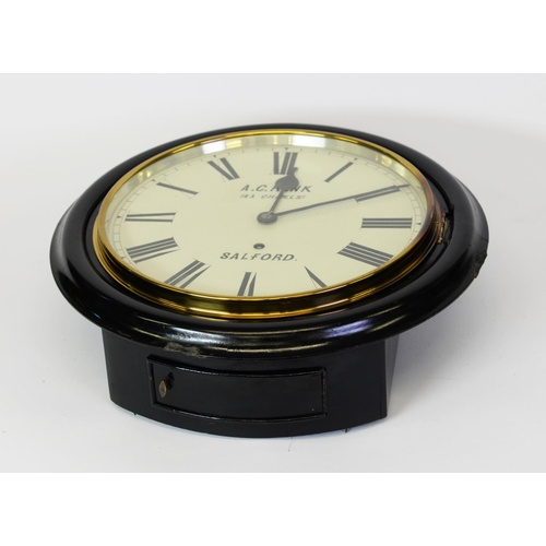 22 - A C RENK, 14A CHAPEL St. SALFORD, WALL CLOCK WITH EBONISED CASE, of typical form with 12” Roman dial... 