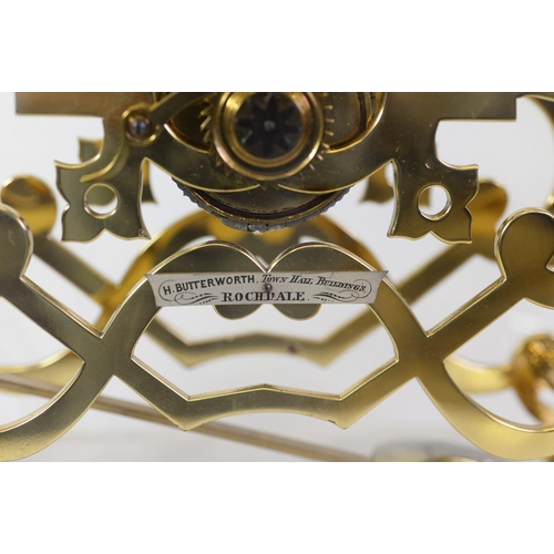 31 - H BUTTERWORTH, TOWN HALL BUILDING’S, ROCHDALE POLISHED BRASS SKELETON CLOCK, the 6 ½” silvered and f... 