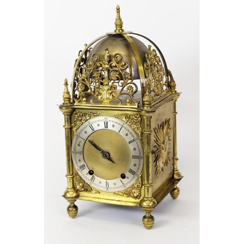 44 - SEVENTEENTH CENTURY STYLE GILT METAL LANTERN CLOCK, the 6” dial with silvered Roamd chapter ring, ma... 