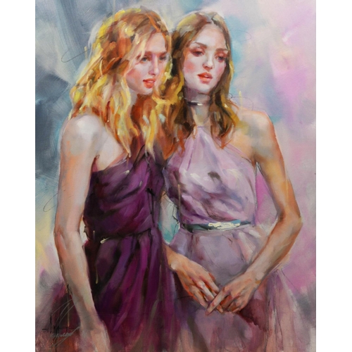 302 - ANNA RAZUMOVSKAYA (MODERN) MIXED MEDIA ON CANVAS ‘Standing Near’ Signed, titled to gallery label ver... 