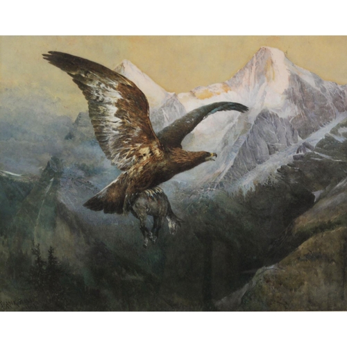 230 - FRANK FELLER (Swiss 1848-1908) WATERCOLOURAn eagle carrying its prey in the Swiss Alps, signed and d... 