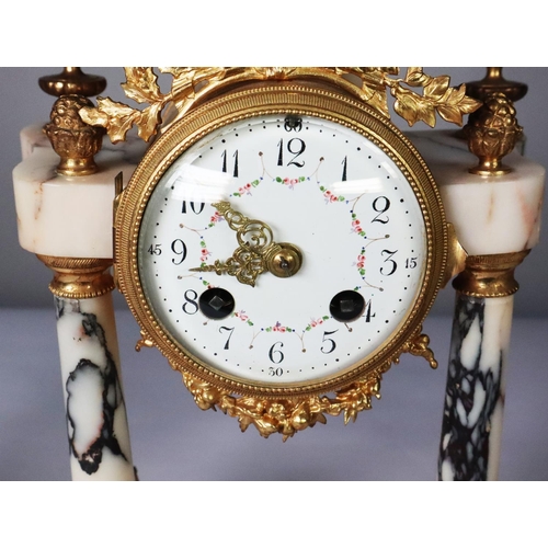 52 - NINETEENTH CENTURY GILT METAL MOUNTED WHITE VEINED MARBLE THREE PIECE PORTICO CLOCK GARNITURE, the C... 