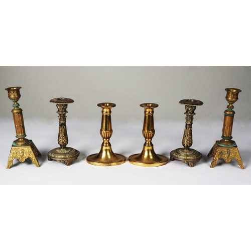 111B - THREE PAIRS OF SHORT, METAL CANDLESTICKS, including a BRASS PAIR WITH OVAL BASE and an ornate ELECTR... 