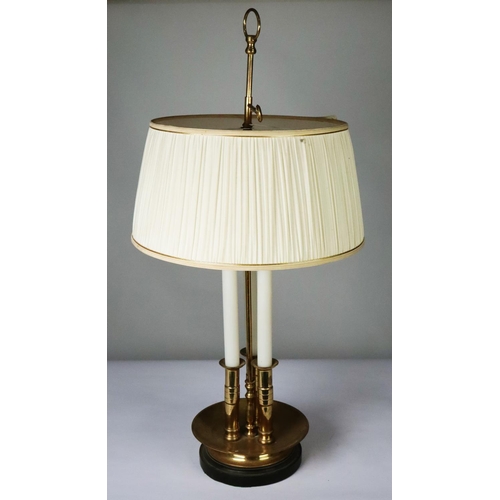 114 - FRENCH BOUILLOTTE STYLE BRASS TWIN LIGHT ELECTRIC TABLE LAMP, with triple columns to the dished base... 