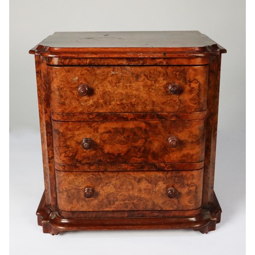 155 - VICTORIAN TABLE TOP BURR WALNUT MINIATURE CHEST OF THREE DRAWERS, the moulded oblong top with moulde... 