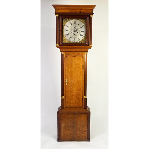 58 - EIGHTEENTH CENTURY LIGHT OAK AND MAHOGANY LONGCASE CLOCK, SIGNED S WHALLEY, MANCHESTER, the 13” bras... 