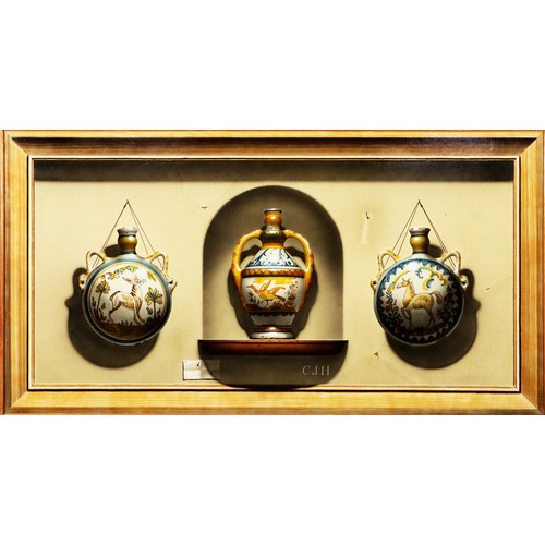 178 - CHRISTOPHER JOHN HARRISON (1945) OIL ON BOARD Trompe l’oeil of three pieces of Italian maiolica pott... 