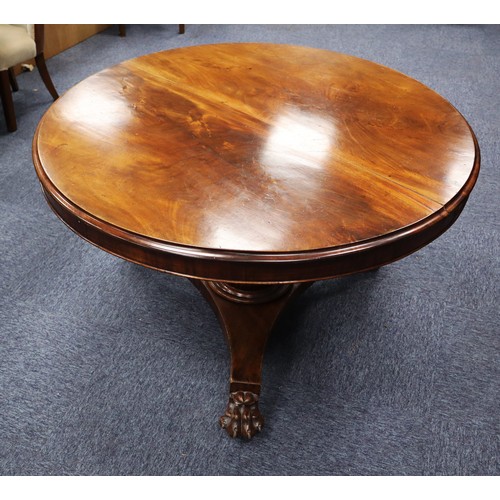 159 - VICTORIAN FIGURED MAHOGANY BREAKFAST TABLE, the circular, flame cut, tilt top with plain frieze, set... 