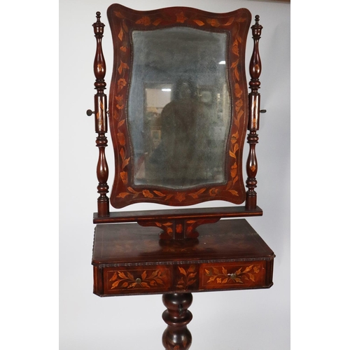 160 - NINETEENTH CENTURY CONTINENTAL FLORAL MARQUETRY INLAID WALNUT ADJUSTABLE TOILET STAND, the oblong pl... 