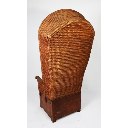 157 - TWENTIETH CENTURY PINE ORKNEY CHAIR, with traditional woven 142.3cm) high, canopy top, flat arms wit... 