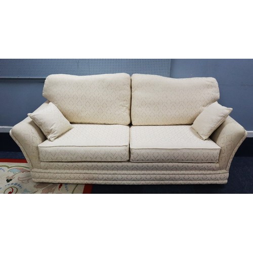 177 - BRIDGECRAFT, GOOD QUALITY THREE PIECE LOUNGE SUITE, upholstered in floral patterned cream fabric and... 