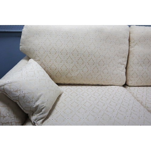 177 - BRIDGECRAFT, GOOD QUALITY THREE PIECE LOUNGE SUITE, upholstered in floral patterned cream fabric and... 