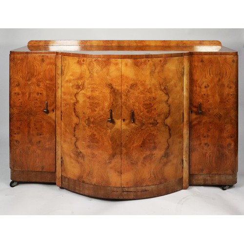 149 - PROBABLY EPSTEIN, EIGHT PIECE ART DECO BURR WALNUT DINING ROOM SUITE, comprising: TABLE, of oblong f... 