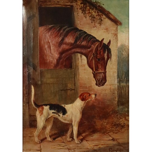 218 - JOHN LANGSTAFFE (1849-1912) OIL PAINTING ON CANVAS A bay horse peering from a stable door, a hound n... 