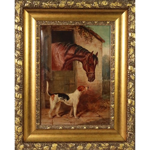 218 - JOHN LANGSTAFFE (1849-1912) OIL PAINTING ON CANVAS A bay horse peering from a stable door, a hound n... 