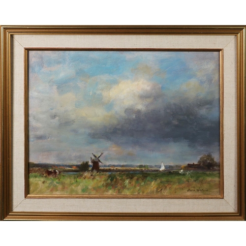 183 - OWEN WATERS (1916-2004) OIL ON BOARD View of the river Thurne with sailing boat and windmillSigned 1... 