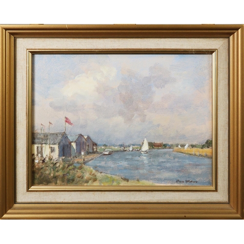 185 - OWEN WATERS (1916-2004) OIL ON BOARD The Fens, Norfolk with sailing boats and buildings Signed 8 ¼” ... 