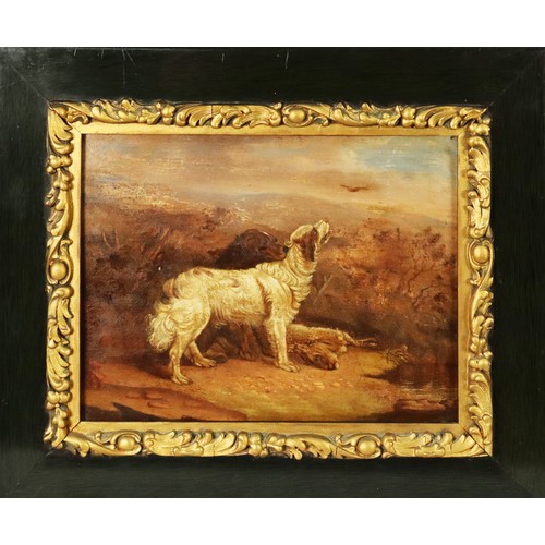 219 - BRITISH SCHOOL (Nineteenth Century) OIL PAINTING ON METAL Two gun dogs and dead hare in an upland la... 