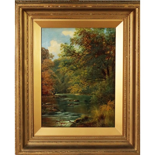 223 - J E DALBY (Late Nineteenth Century) PAIR OF OIL PAINTINGS ON CANVASWooded river landscapes Each sign... 