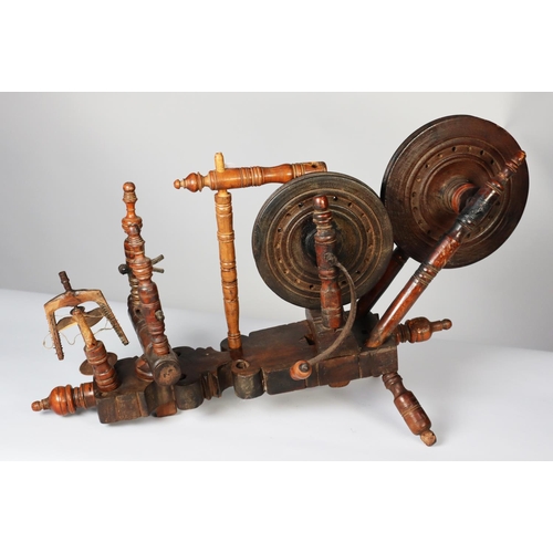 83 - NINETEENTH CENTURY FOREIGN HAND OPERATED, TABLE TOP SPINNING WHEEL OR SIMILAR, with ornate, fret cut... 