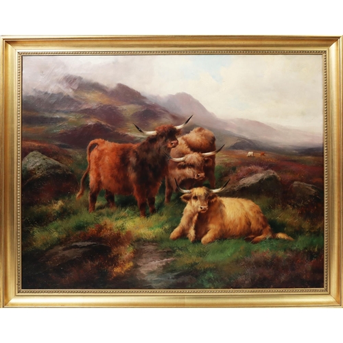 190 - JOHN W. MORRIS (C. 1865 – 1924) OIL PAINTING ON CANVAS Highland landscape with group of highland cat... 