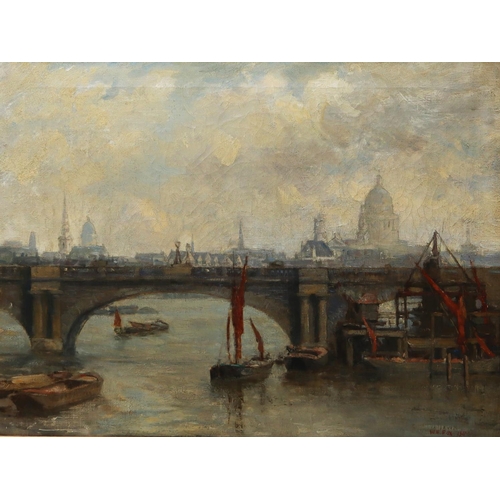 191 - WILLIAM EDWARD FOX (1872 – 1948) OIL PAINTING ON CANVAS The Thames with bridge and barges Signed and... 