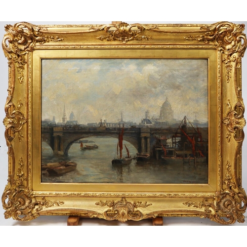 191 - WILLIAM EDWARD FOX (1872 – 1948) OIL PAINTING ON CANVAS The Thames with bridge and barges Signed and... 